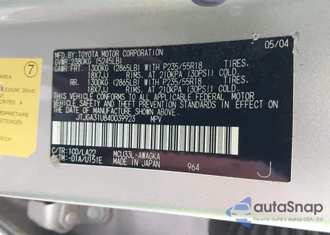 2004 Lexus Rx 330 из США, поврежденный, VIN JTJGA31U840039923